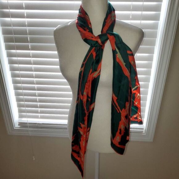 ECHO. 100% Pure Silk, Green, Red and Gold, Rectangle Shape Scarf. Made in Japan. - Picture 1 of 5